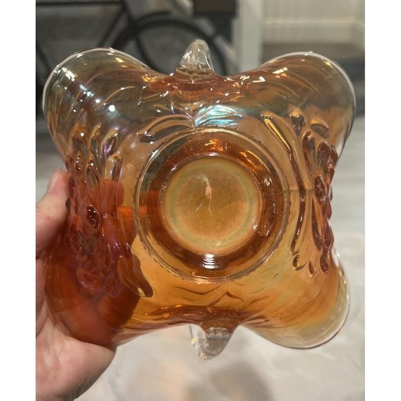 Vintage Orange Carnival Glass Candy Dish with 2 Handles Flower Lotus Water Lilly - Picture 3 of 6